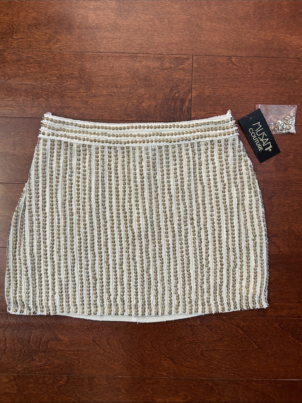 Musani Couture White Mini Skirt with Gold Bead Stripes, Size 40, NWT